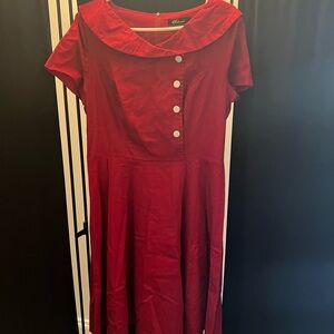 Perfect Little Swing Dress-Red Midi Dress with Sailor Collar and A-Line Style